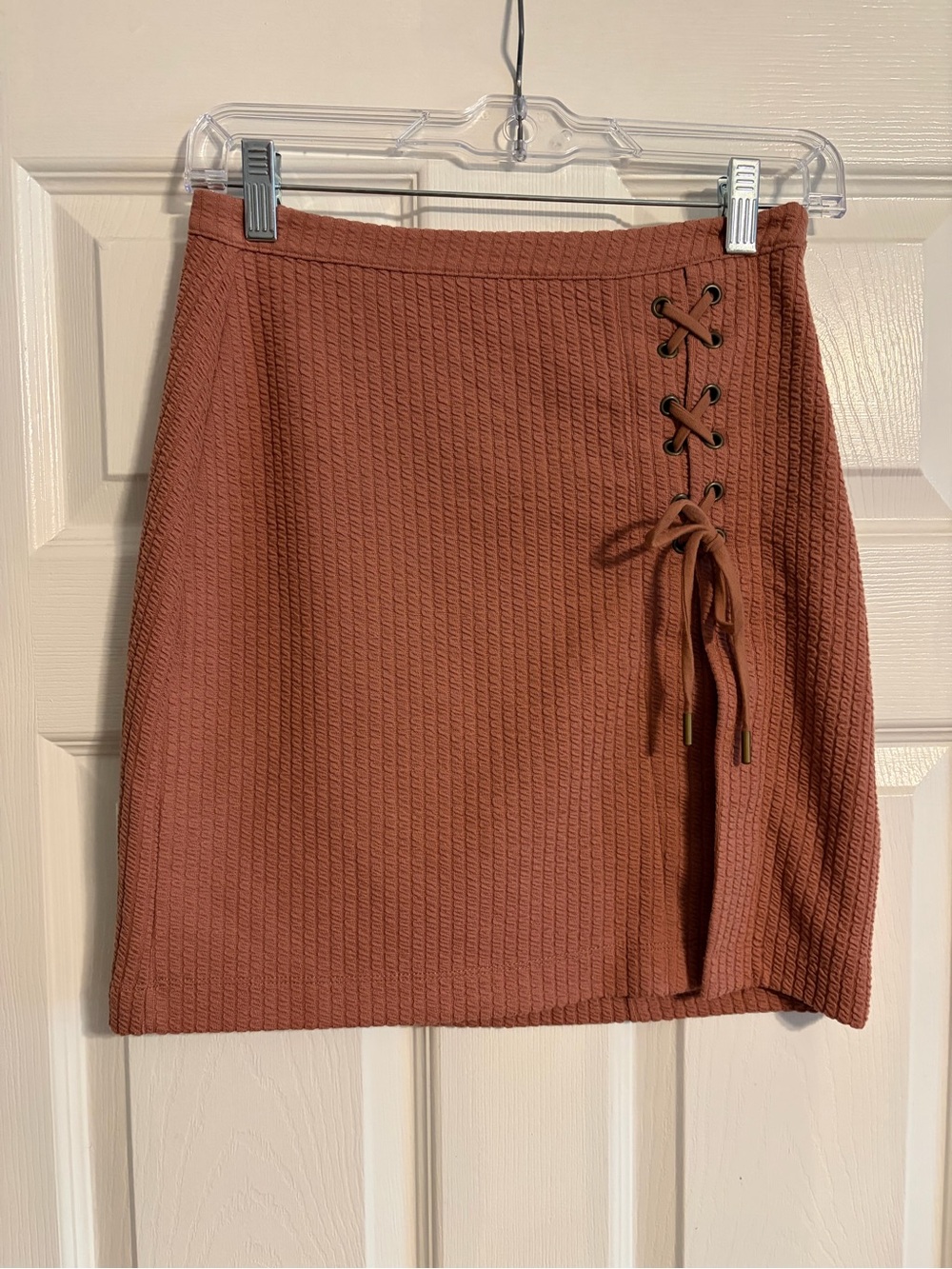 Anthropologie Lace-Up Ribbed Knit Mini Skirt Mauve Pink Tie Slit High Waist XS